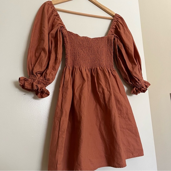 Kourt Portia Linen Flax Rust Burnt Orange Smocked Puff Sleeve Mini Dress Sz S - Picture 7 of 11